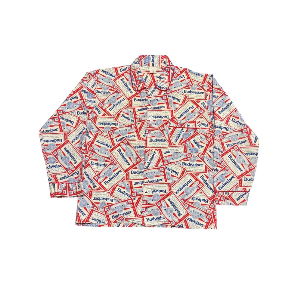 Vintage Budweiser King of Beers All Over Print Cotton Button Up Shirt Mens Small